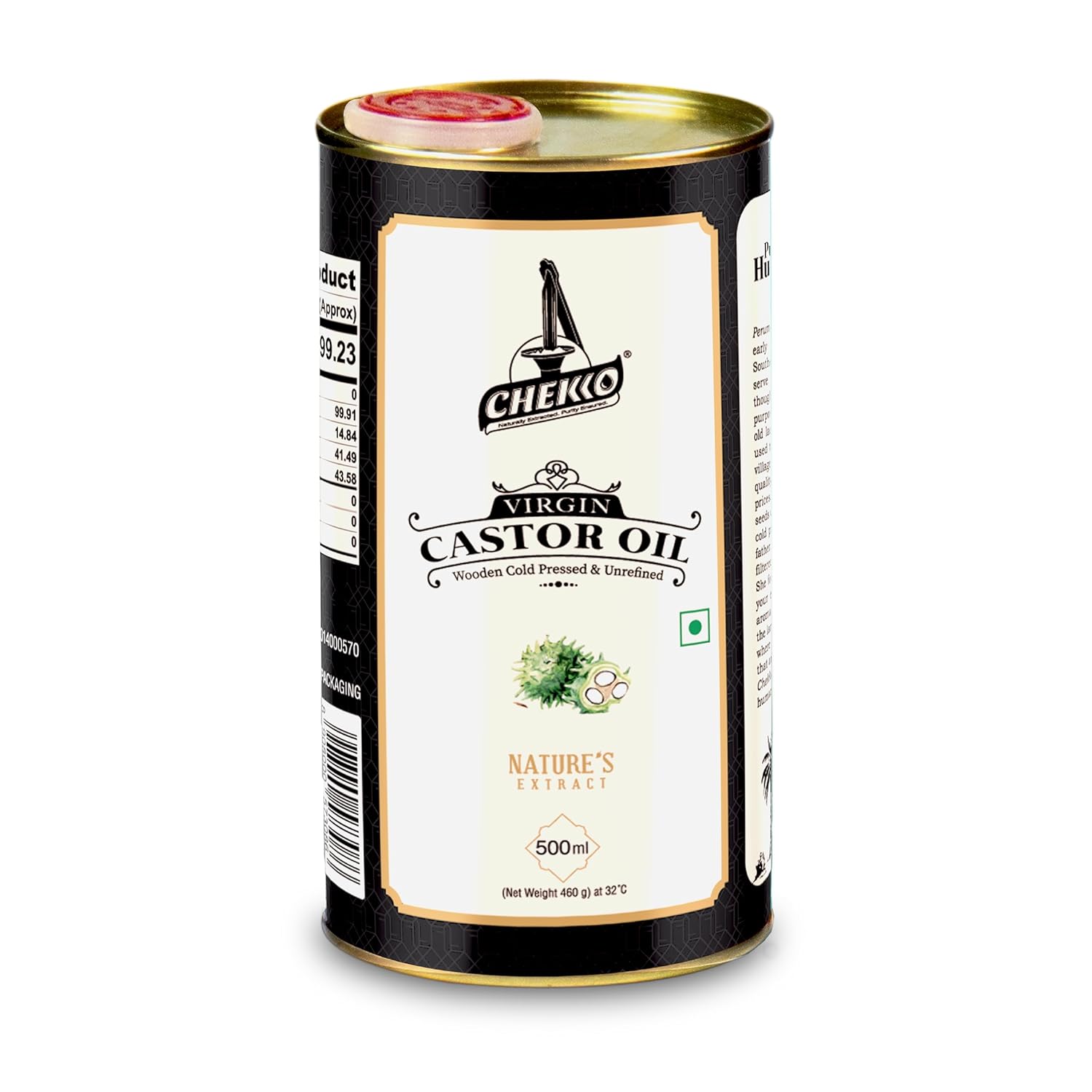 Chekko Cold Pressed Virgin Castor Oil 100% Natural, Pure (500 ML) for Baby Massage, Constipation, Healthy Hair, Eye and Skin Care
